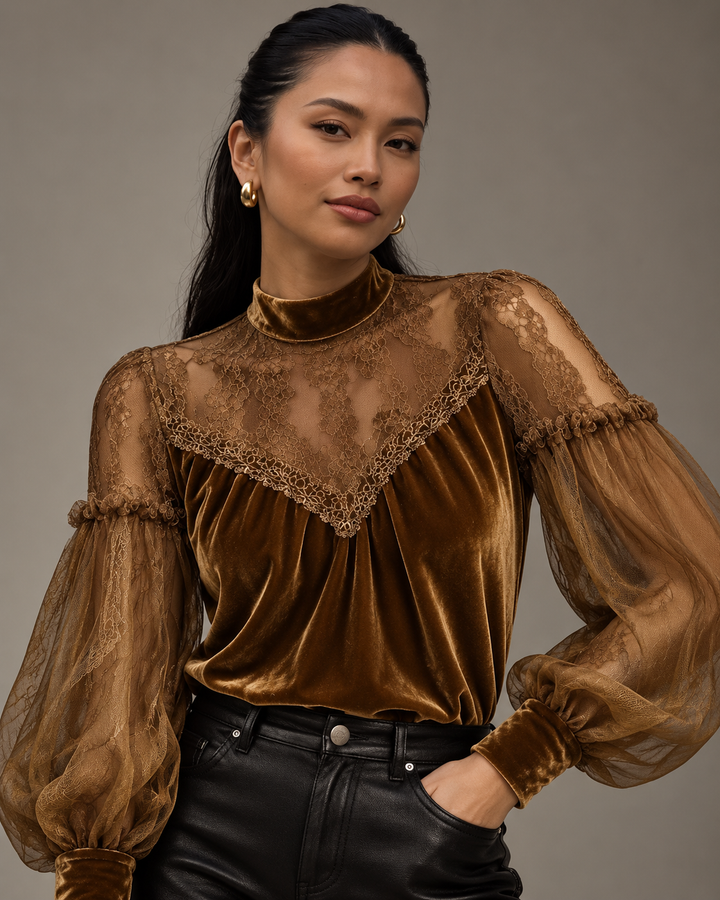 Velvet and Lace Mock Neck Blouse