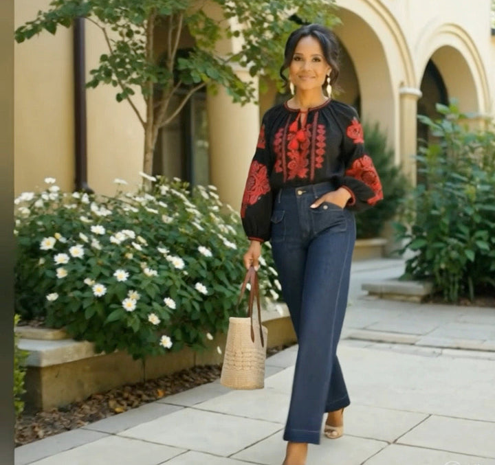 Embroidered Tassel Tie Neck Blouse