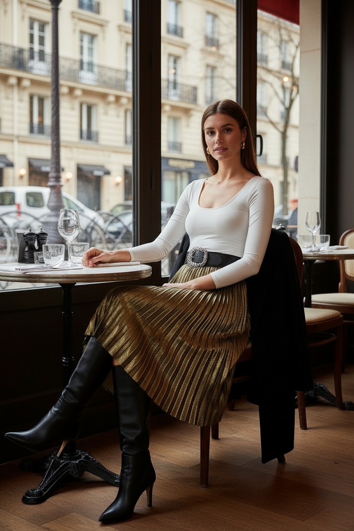 Metallic Pleated Maxi Skirt