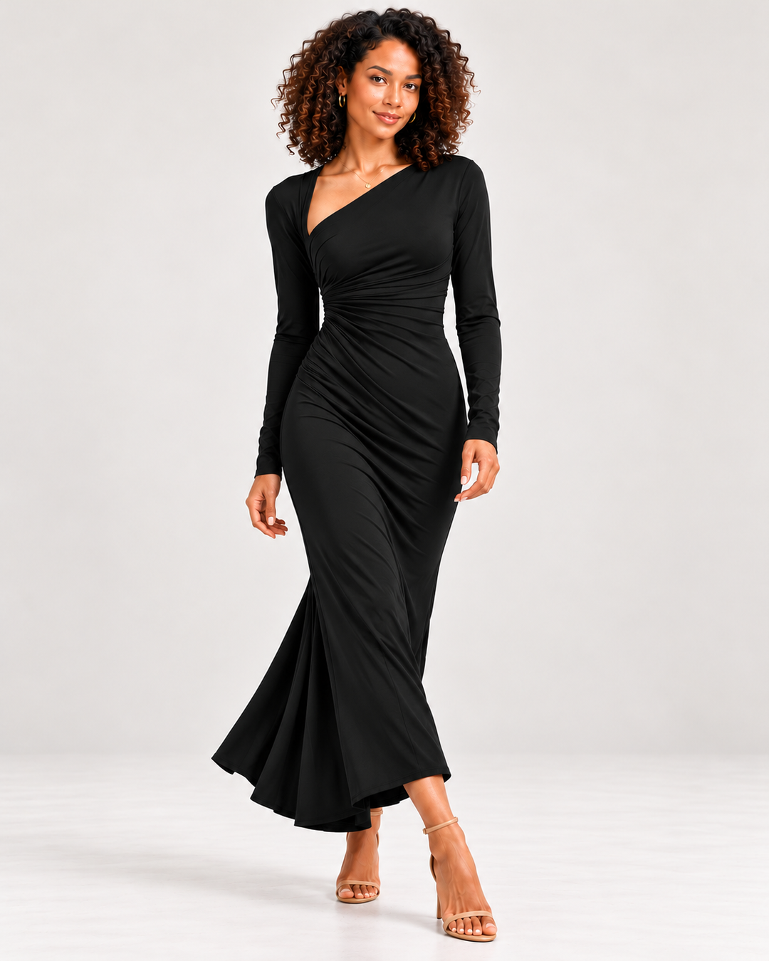 Asymmetrical Neck Ruched Long-Sleeve Dress