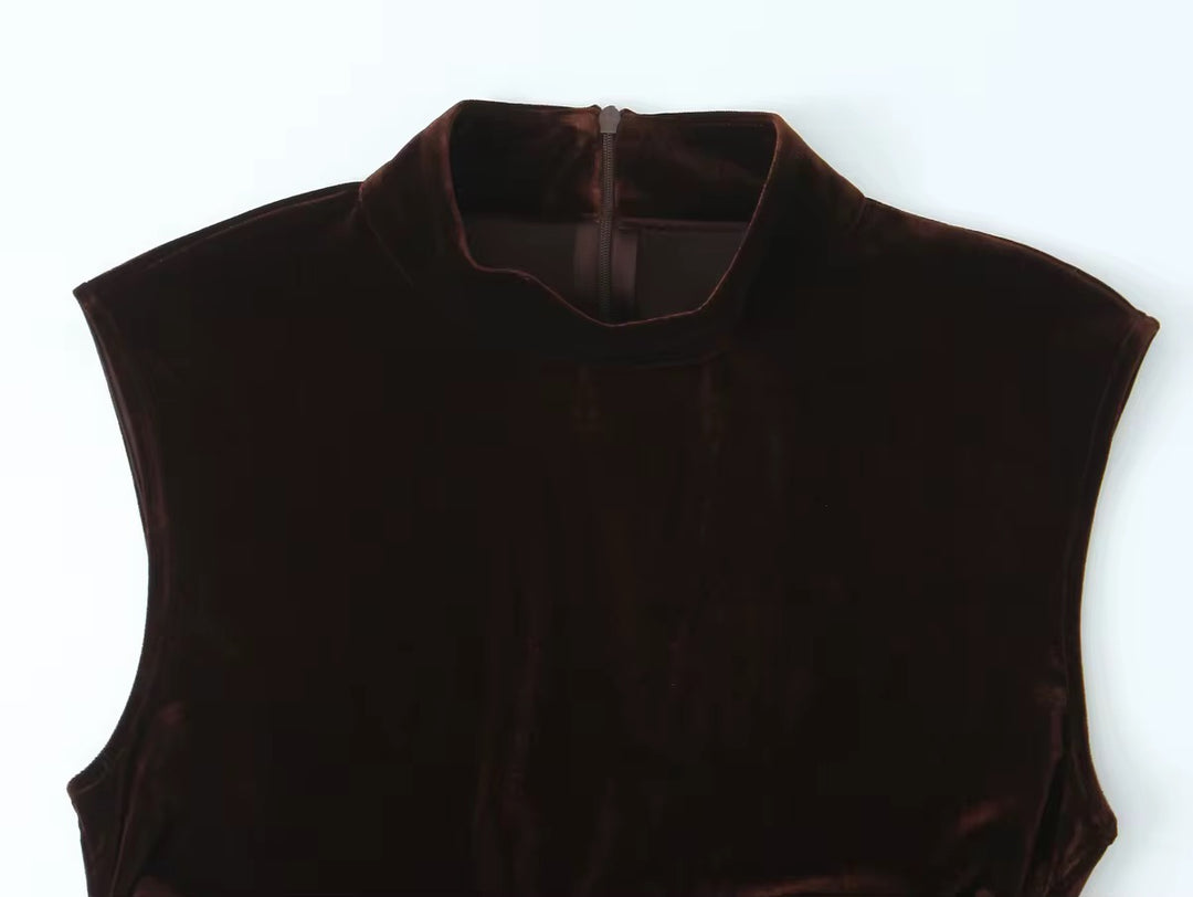 Velvet Brown Bodycon Dress with Lace Trim