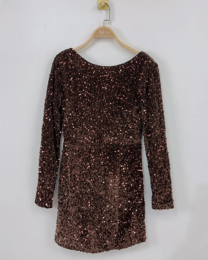Sequin Velvet Mini Dress – Chocolate Bronze