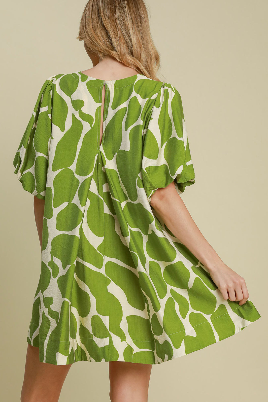 Two Tone Abstract Print Puff Sleeve Dress - Green