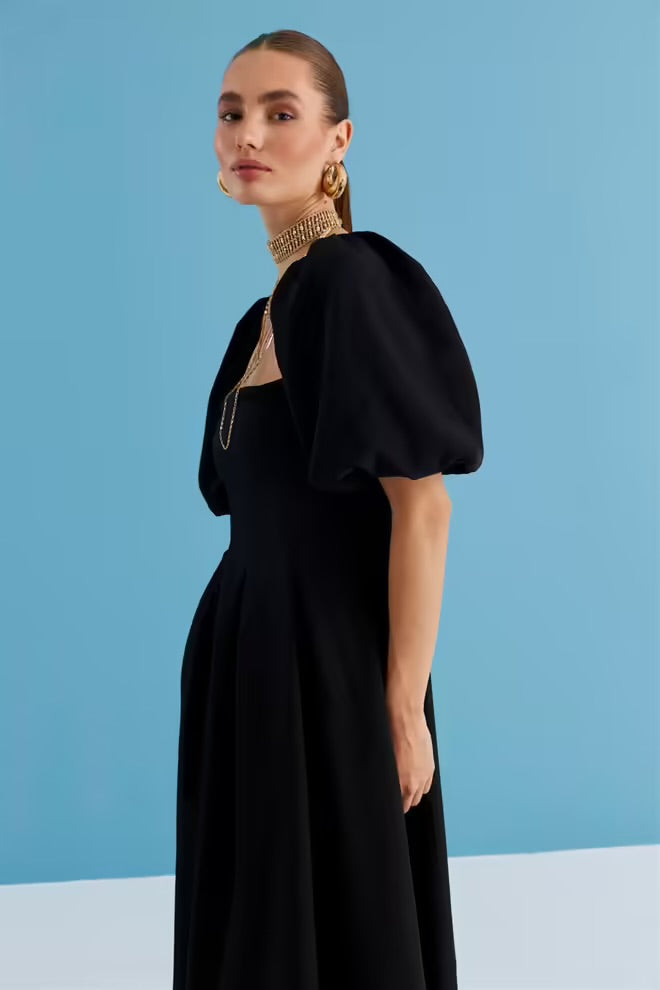 Square Neck Balloon Sleeve Midi Dress - Black