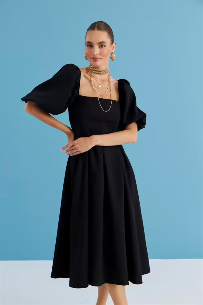 Square Neck Balloon Sleeve Midi Dress - Black