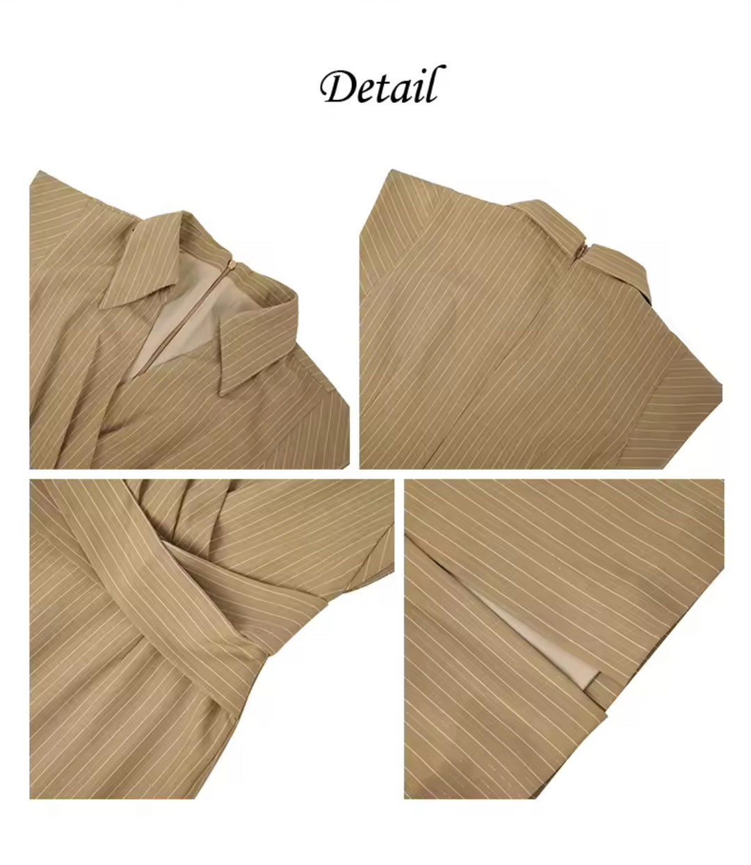 Camel Pinstripe Wrap Midi Dress – Tailored Elegance