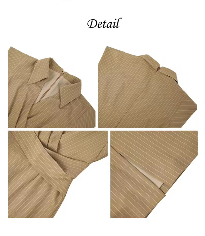Camel Pinstripe Wrap Midi Dress – Tailored Elegance
