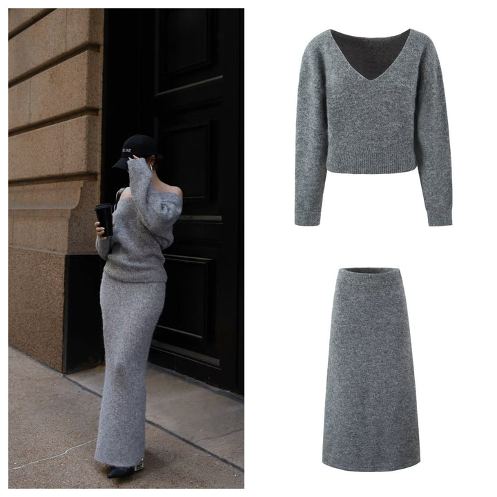 Knitted sweater top and bottom set in grey