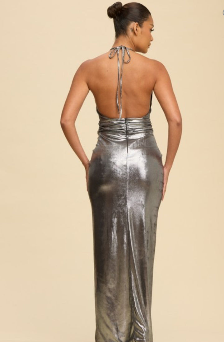 Metallic Silver Halter Evening Dress