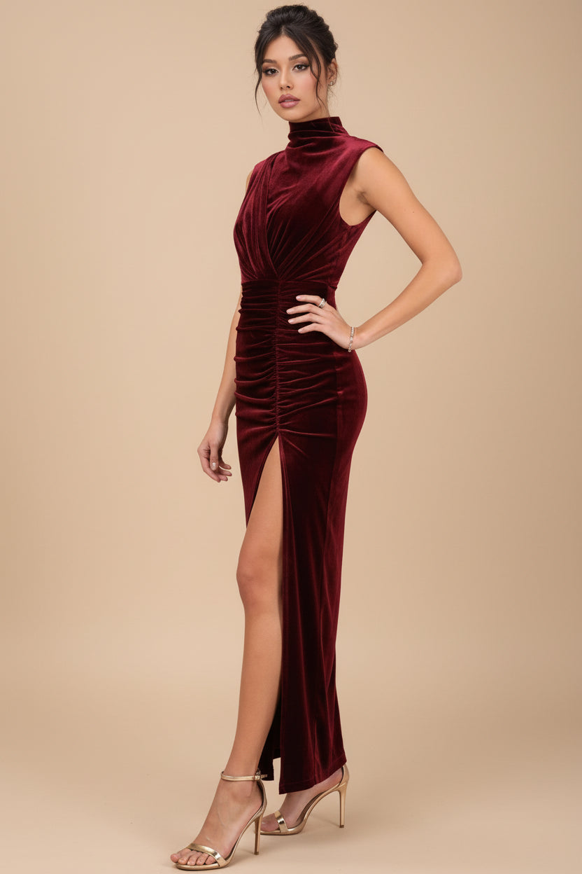 Wine Velvet High-Neck Maxi