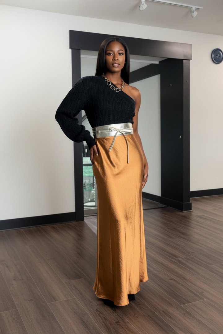 High-Waist Bronze Silk-Look Maxi Pencil Skirt