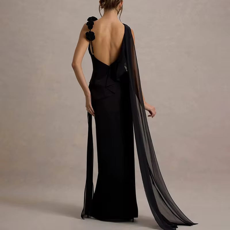 Black One-Shoulder Cape Evening Gown