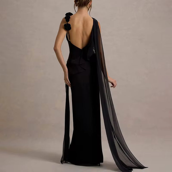 Black One-Shoulder Cape Evening Gown