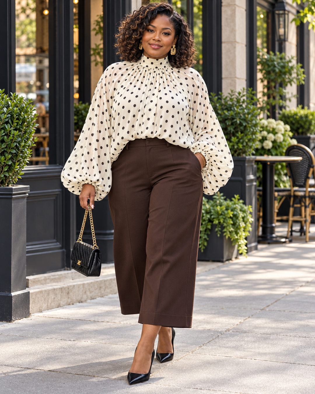 Polka Dot Balloon Sleeve Blouse