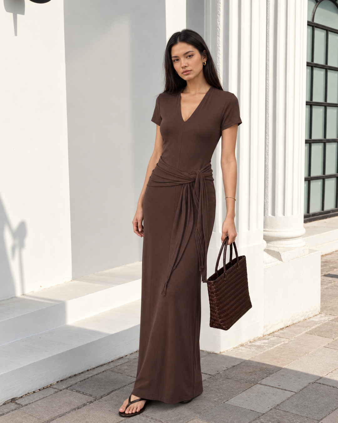 V-Neck Short Sleeve Maxi Dress with Waist-Tie Detail