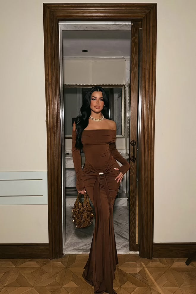 Chocolate Brown Off-Shoulder Ruched Gown