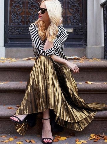 Metallic Pleated Maxi Skirt