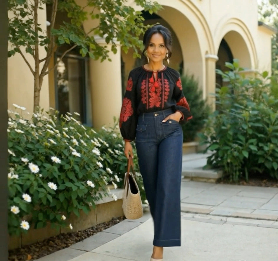 Embroidered Tassel Tie Neck Blouse