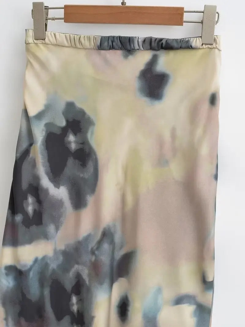 Tie dye satin midi skirt