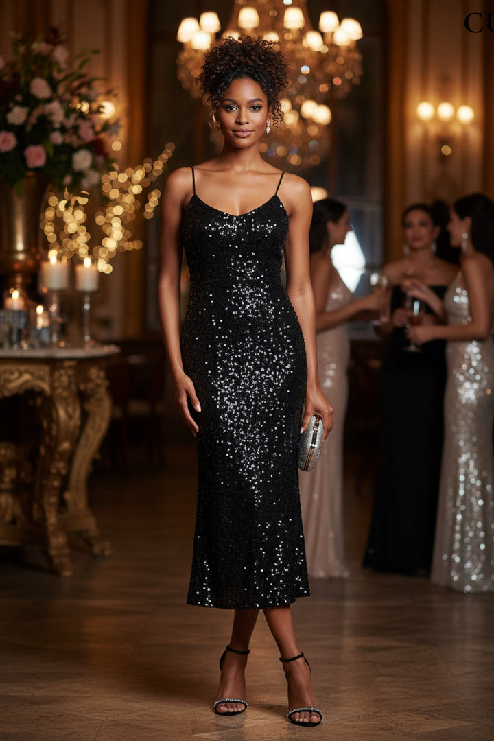 Black Sequin Slip Evening Dress