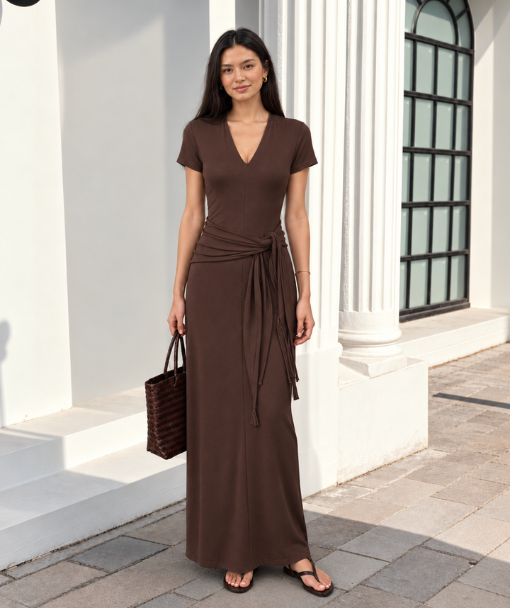 V-Neck Short Sleeve Maxi Dress with Waist-Tie Detail