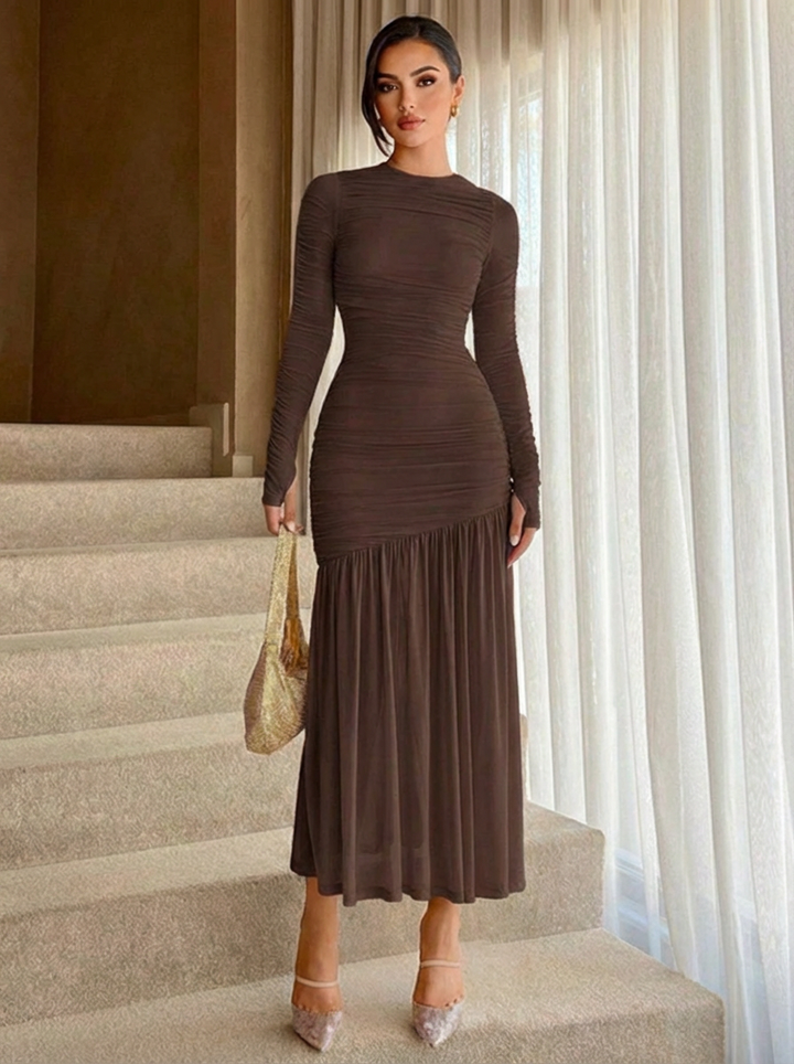 Ruched Long Sleeve Bodycon Midi Dress