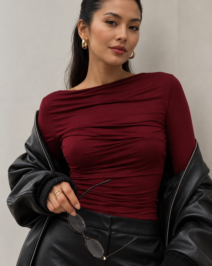 Off-Shoulder Ruched Long Sleeve T-Shirt