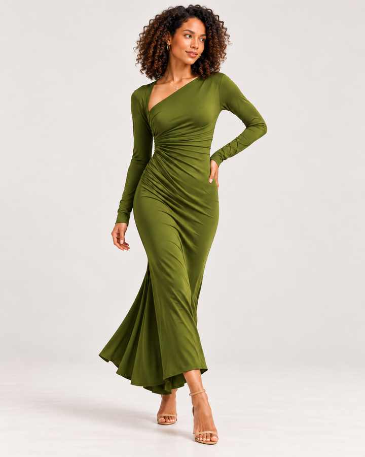 Asymmetrical Neck Ruched Long-Sleeve Dress