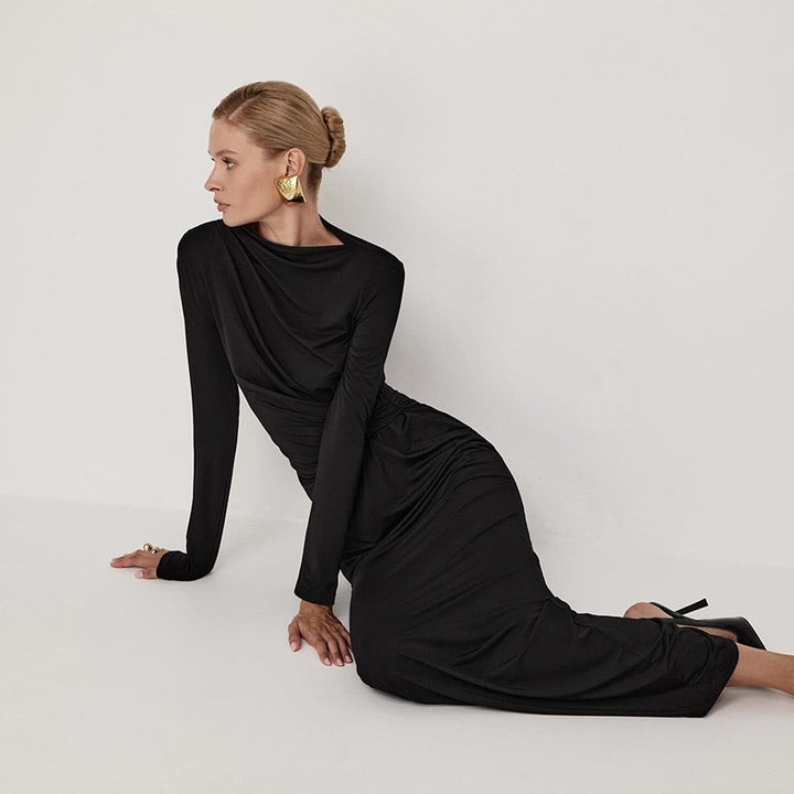 Long sleeved maxi dress with pleated sides