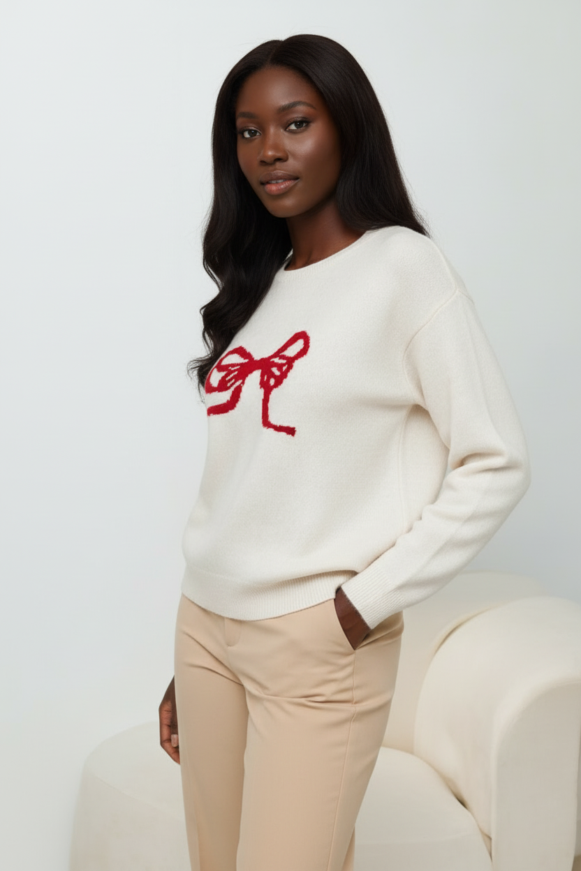 Charming Oversized Sweater with Red Bow Design