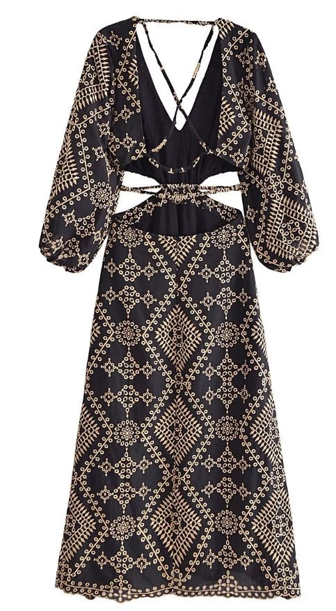 Puff sleeve cut-out embroidered midi dress