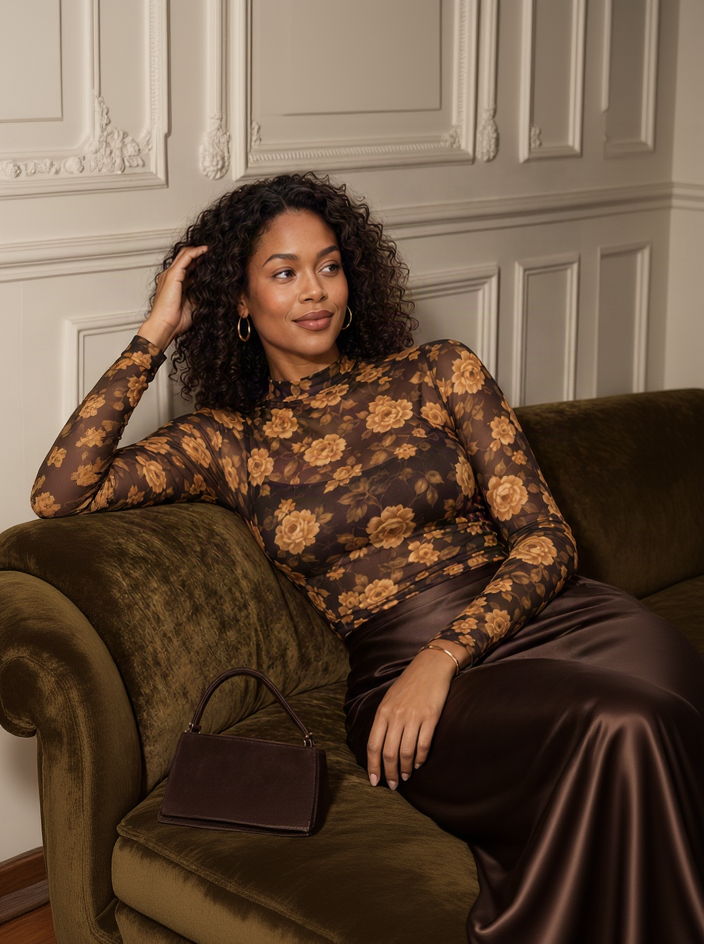 A woman reclining on an olive green velvet sofa, wearing a sheer long-sleeve brown top with a tan floral pattern and a matching dark brown satin skirt. She is posed in an elegant room with white paneled walls.