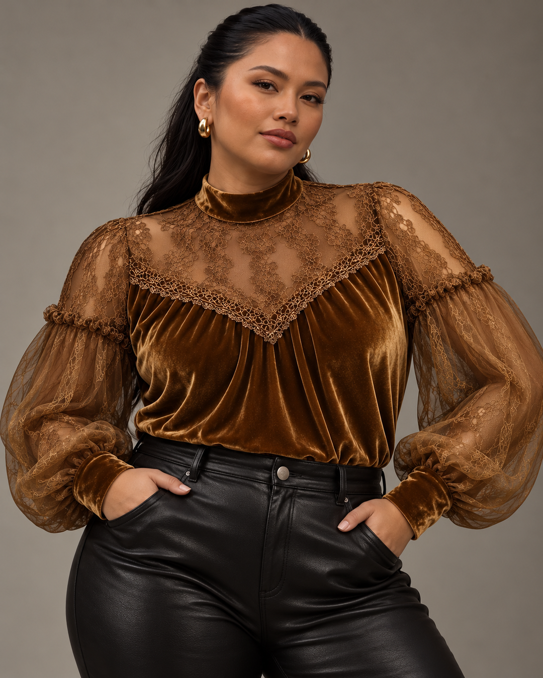 Velvet and Lace Mock Neck Blouse
