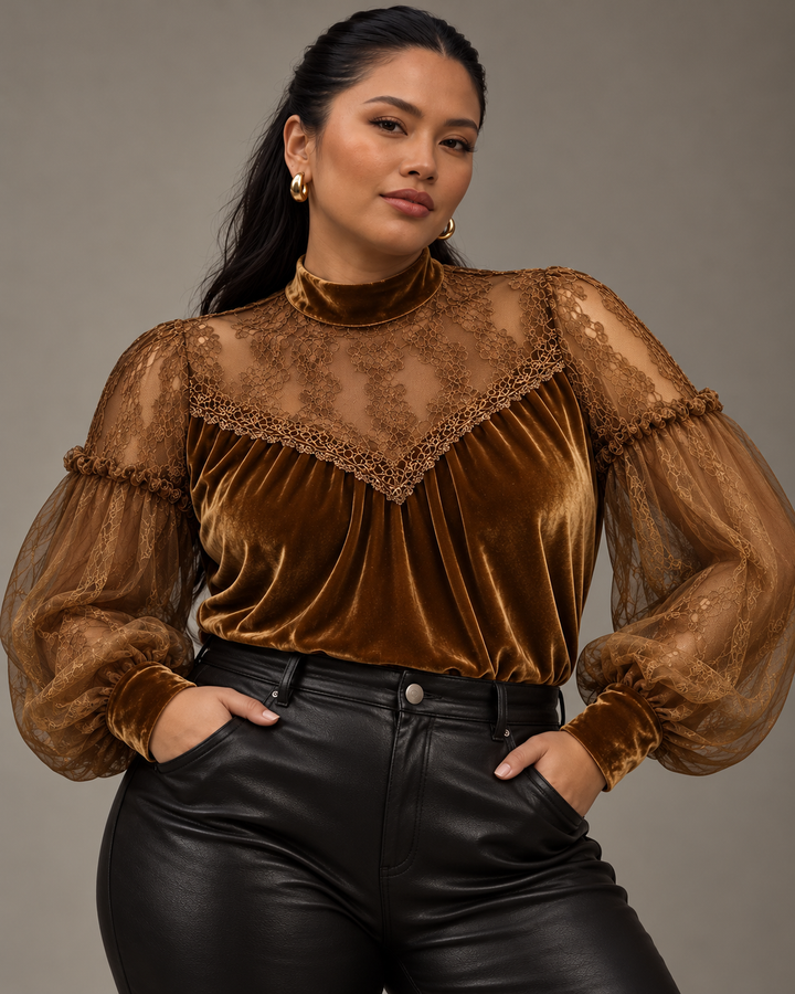 Velvet and Lace Mock Neck Blouse