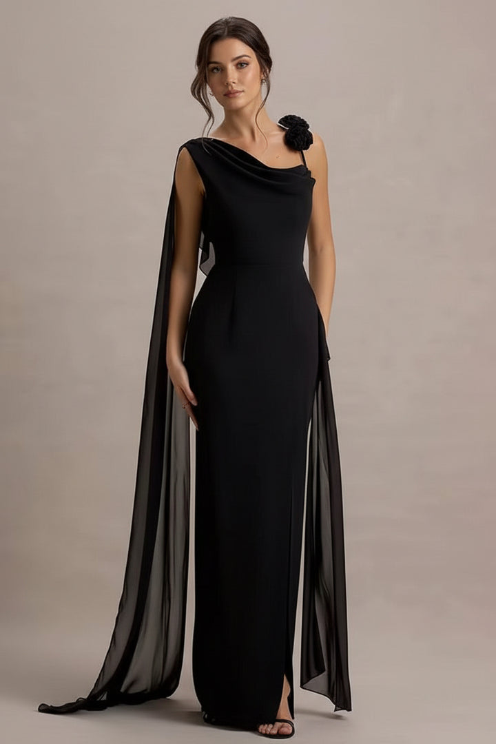 Black One-Shoulder Cape Evening Gown