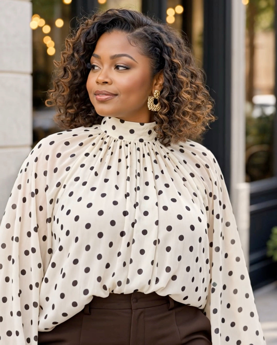 Polka Dot Balloon Sleeve Blouse