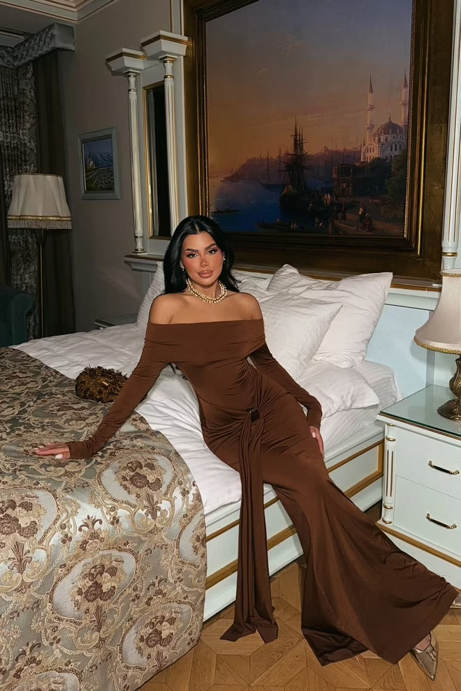 Chocolate Brown Off-Shoulder Ruched Gown