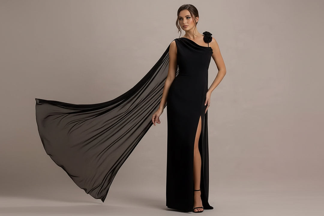 Black One-Shoulder Cape Evening Gown