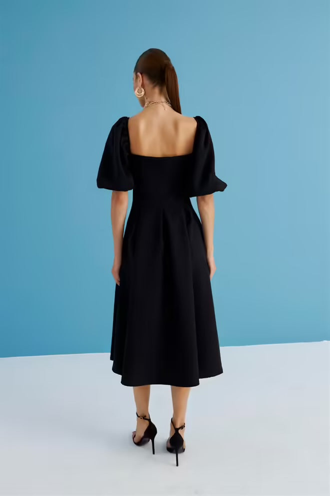 Square Neck Balloon Sleeve Midi Dress - Black