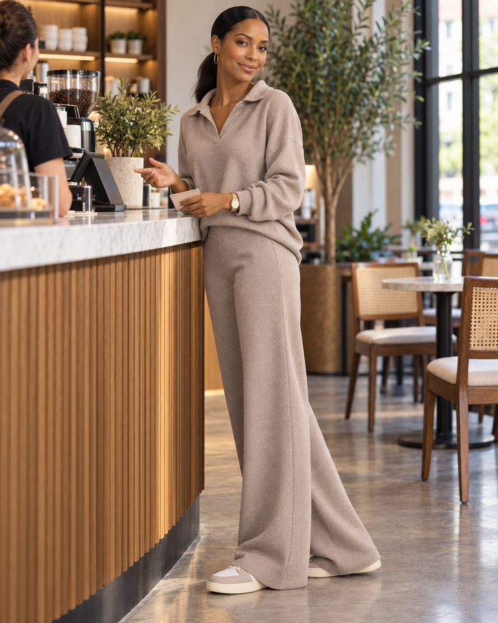 Polo Collar Top and Wide-Leg Pants Set