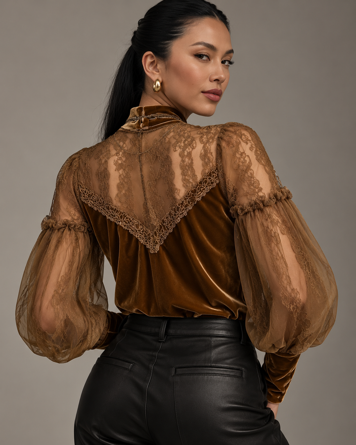 Velvet and Lace Mock Neck Blouse