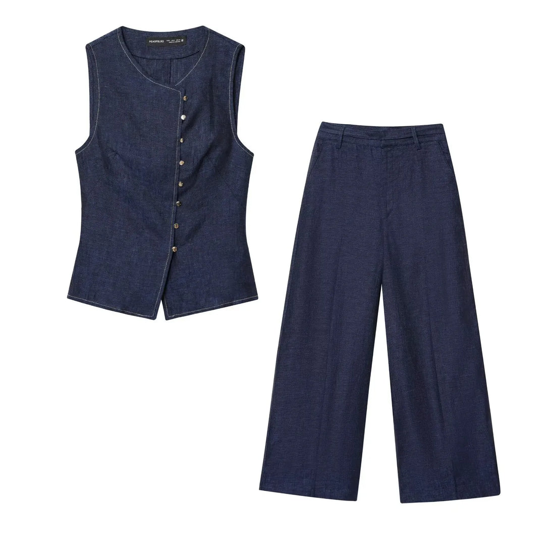 Denim Vest Wide Leg Pants Set