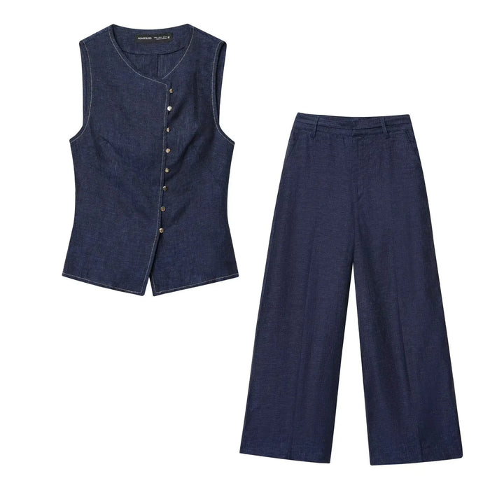 Denim Vest Wide Leg Pants Set