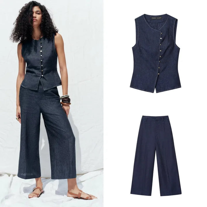 Denim Vest Wide Leg Pants Set