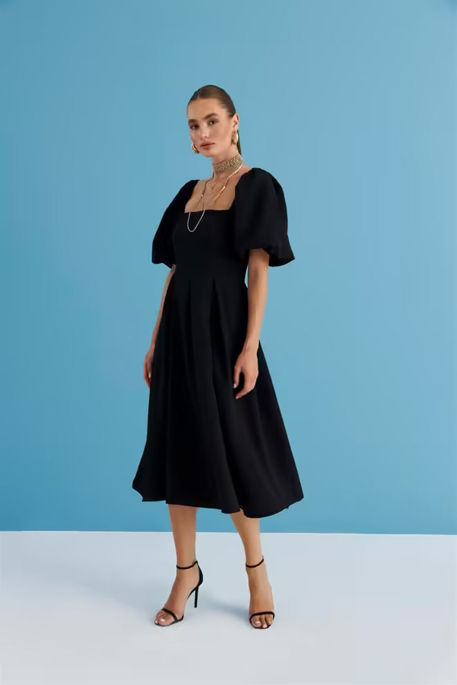 Square Neck Balloon Sleeve Midi Dress - Black