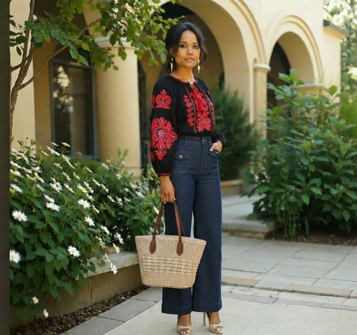Embroidered Tassel Tie Neck Blouse