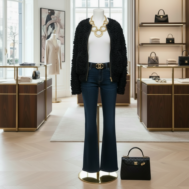 Black bomber jacket with soft petal embellishment