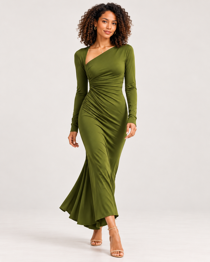 Asymmetrical Neck Ruched Long-Sleeve Dress