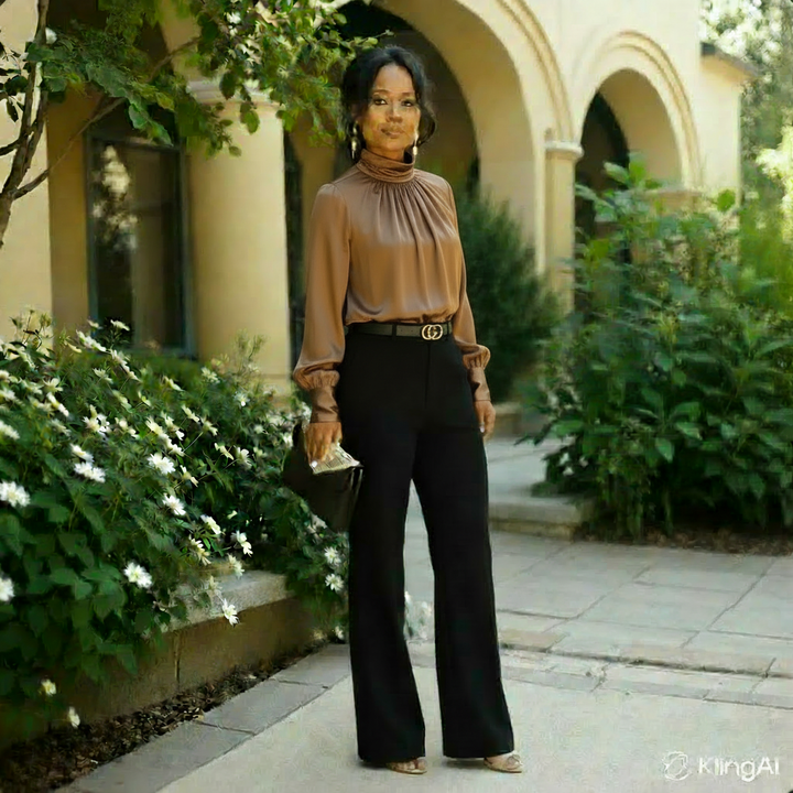 Gold Satin Mock-Neck Blouse