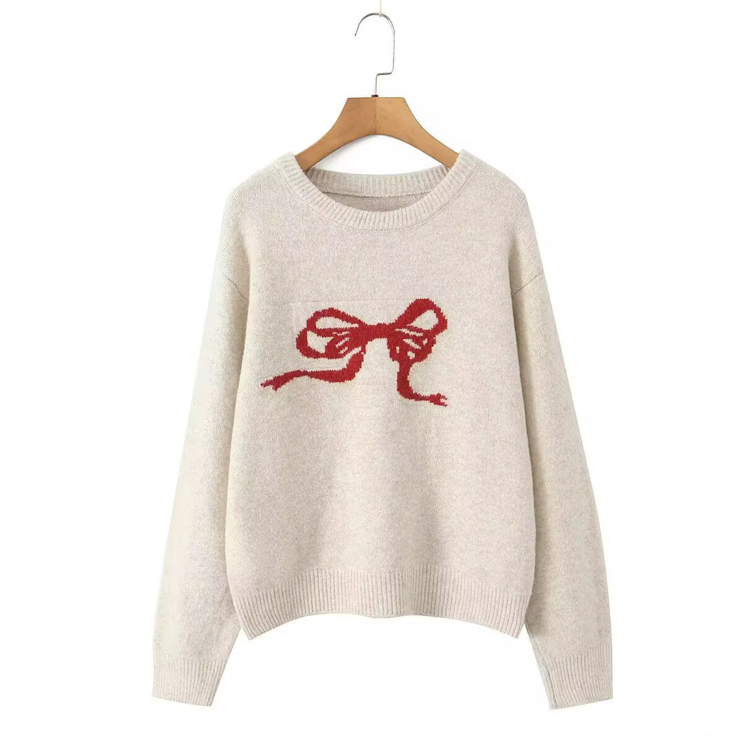 Charming Oversized Sweater with Red Bow Design